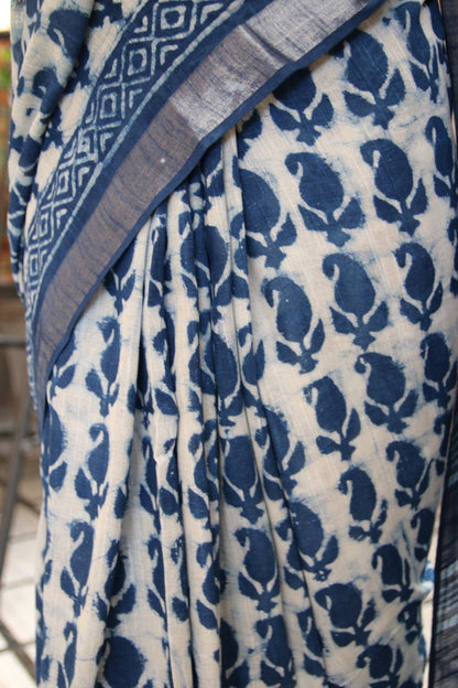 Indigo Linen Saree with Dabu Leaf Handblock