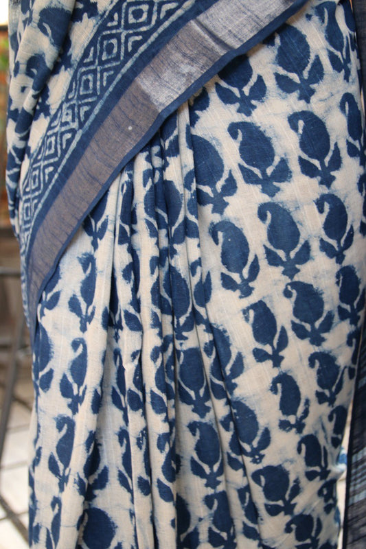 Indigo Linen Saree with Dabu Leaf Handblock