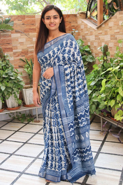 Indigo Linen Saree with Dabu Leaf Handblock