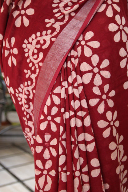 Maroon Linen Saree with Dabu Handblock