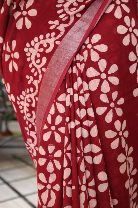 Maroon Linen Saree with Dabu Handblock