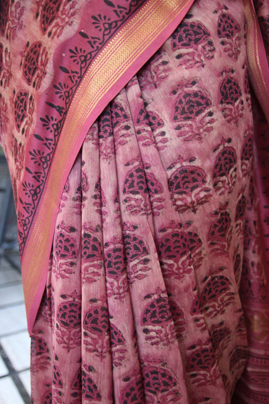 Old Rose Bagru Handblock Maheshwari Saree