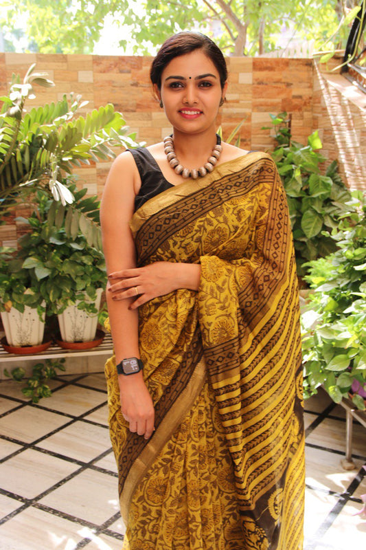 Mustard Yellow Bagru Handblock Maheshwari Saree