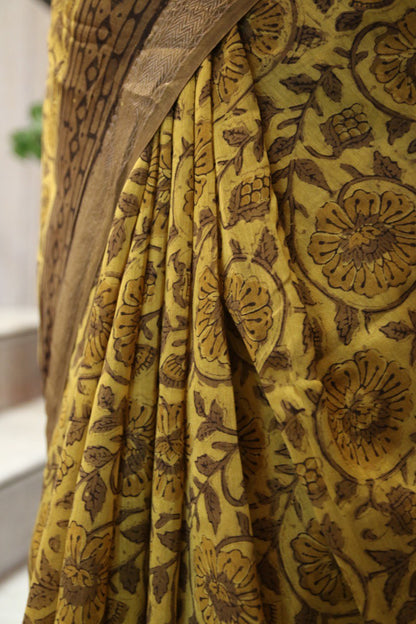 Mustard Yellow Bagru Handblock Maheshwari Saree