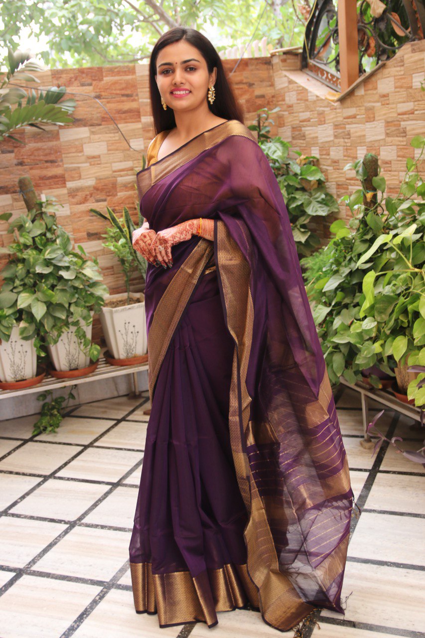 Purple Maheshwari Handwoven Saree