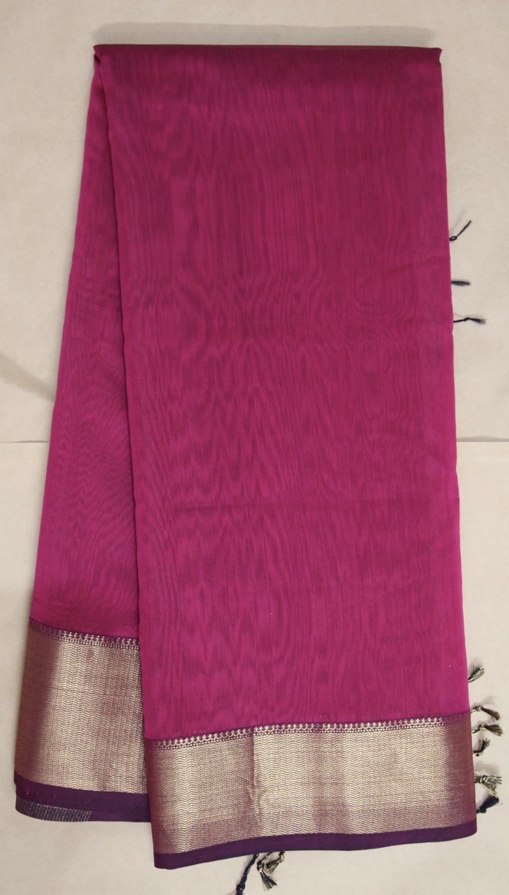 Rani Pink Maheshwari Saree Hand Woven with Golden Zari