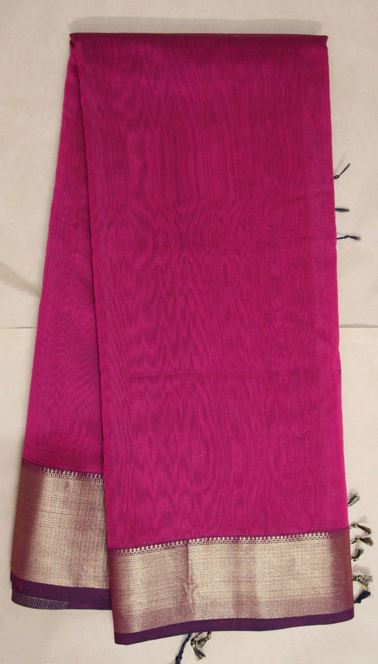 Rani Pink Maheshwari Saree Hand Woven with Golden Zari