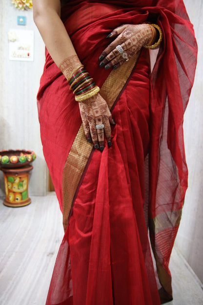 Deep Red Hand-Woven Maheshwari Saree
