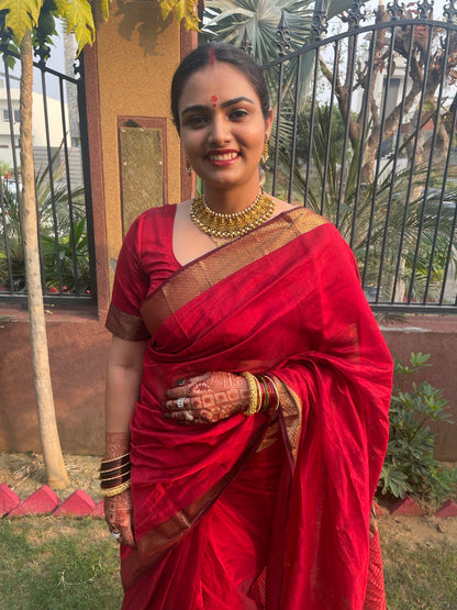 Deep Red Hand-Woven Maheshwari Saree