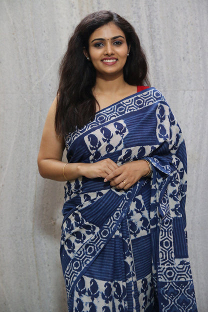 Indigo Bagru Handblock Mul Cotton Saree