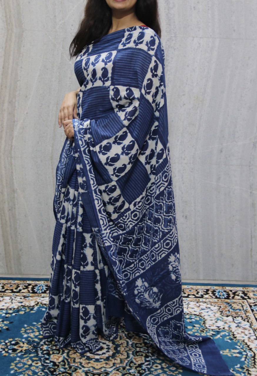 Indigo Bagru Handblock Mul Cotton Saree