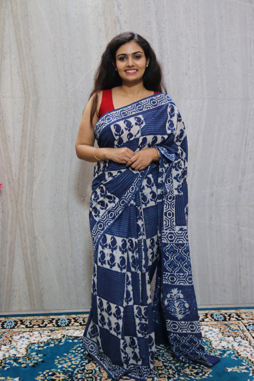 Indigo Bagru Handblock Mul Cotton Saree