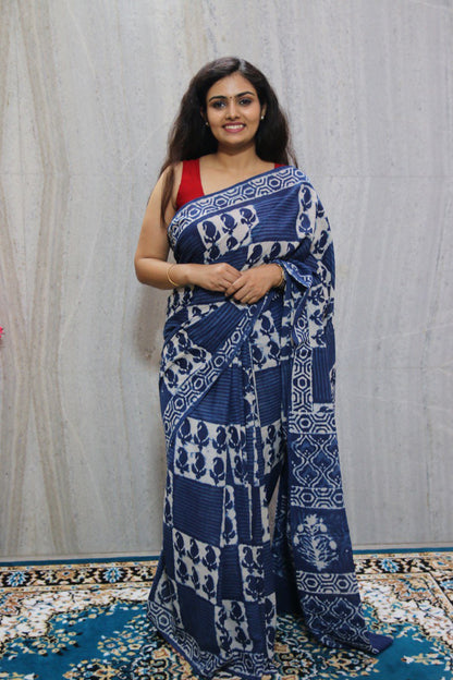 Indigo Bagru Handblock Mul Cotton Saree