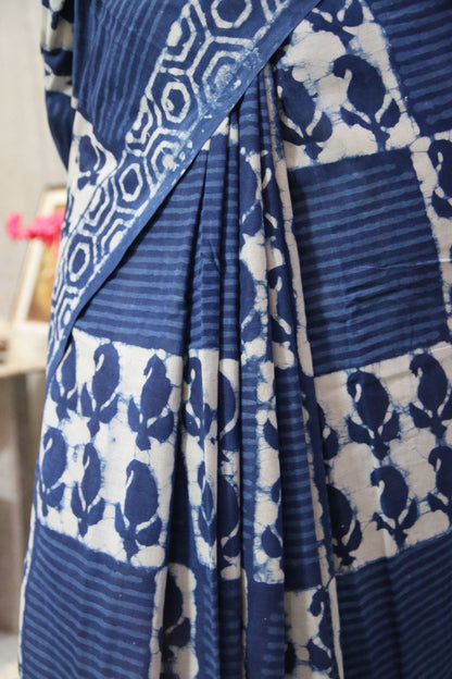 Indigo Bagru Handblock Mul Cotton Saree