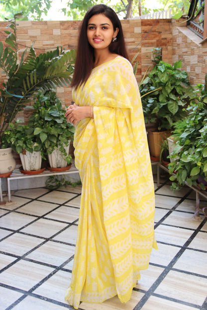 Lime Yellow Mul Cotton Saree with Bagru Handblock