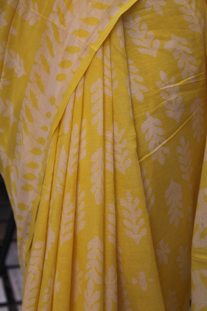 Lime Yellow Mul Cotton Saree with Bagru Handblock