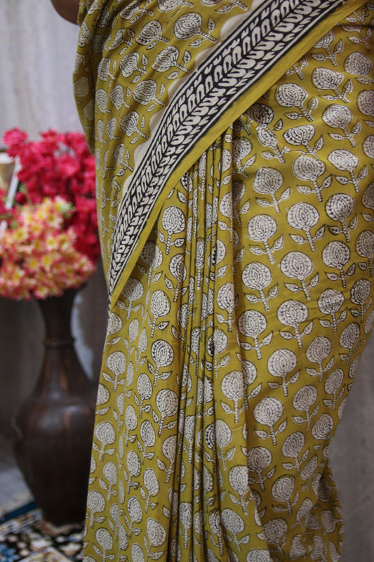 Mustard Green Mul Cotton Saree with Bagru Handblock