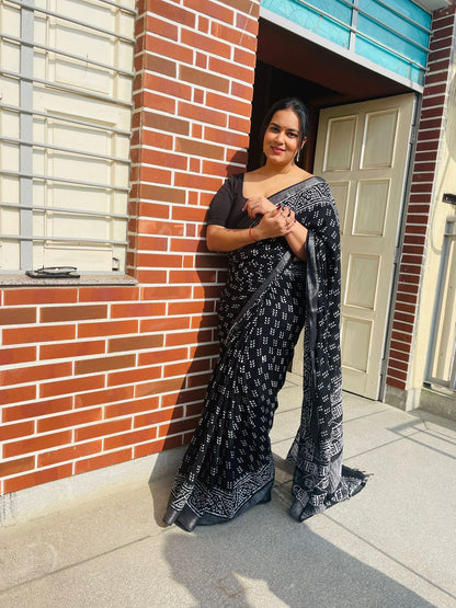 Black Lenin Saree with Bagru Handblock
