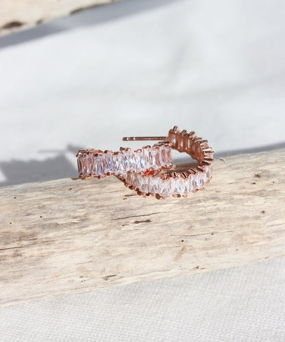 14K Rose Gold Baguette Diamond  Hoop Earrings Z116