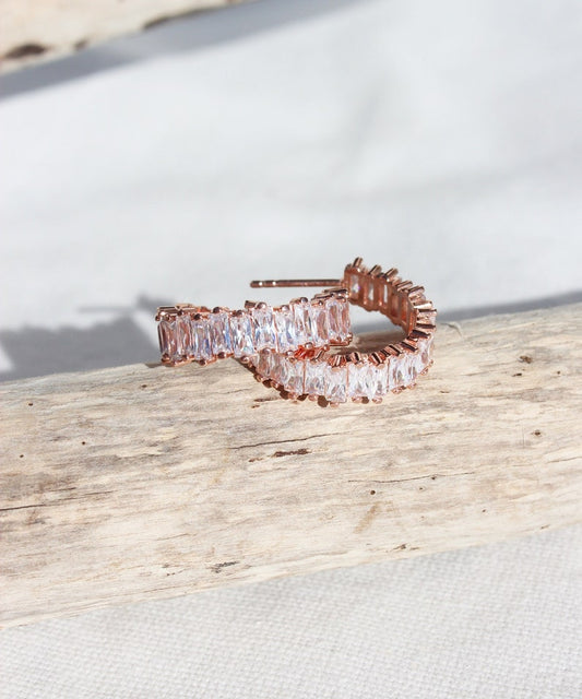 14K Rose Gold Baguette Diamond  Hoop Earrings Z116